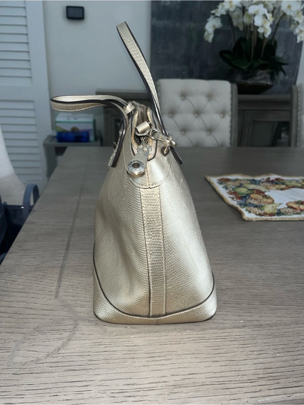 Henri Bendel West 57th Lizard-Embossed Metallic Gold Satchel - Picture 4 of 5